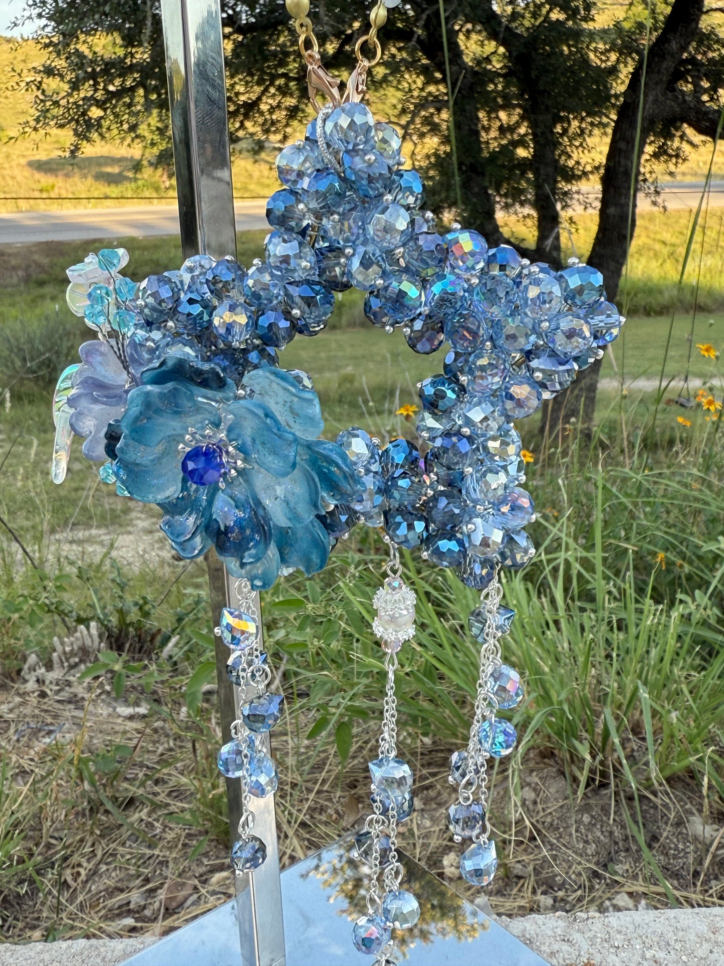 Galaxy Bloom Glass Beads Charm – Handcrafted Blue Crystal Star with Flower Accent