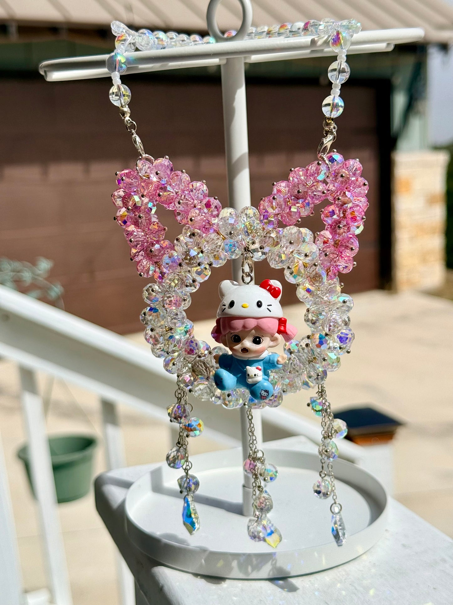 Dimoo Inspired Crystal Heart Suncatcher | Kawaii Car Mirror Charm | Pink Beaded Hanging Decor Gift for Her