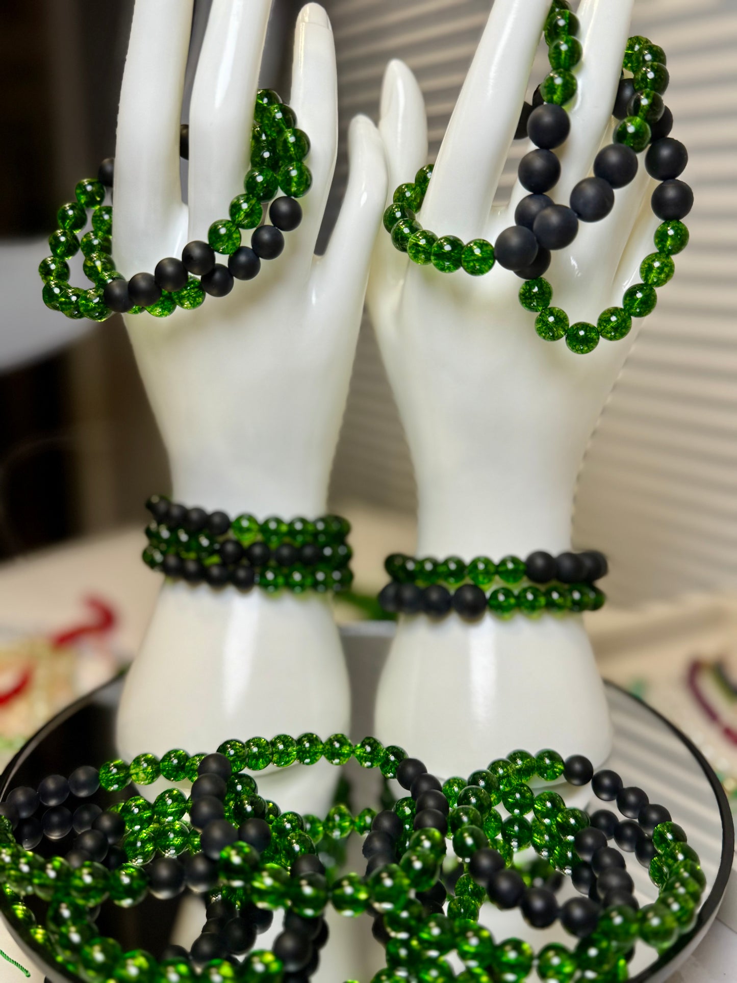 Green Glass & Matte Black Agate Bracelet – Fundraiser for Kerrville Flood Relief