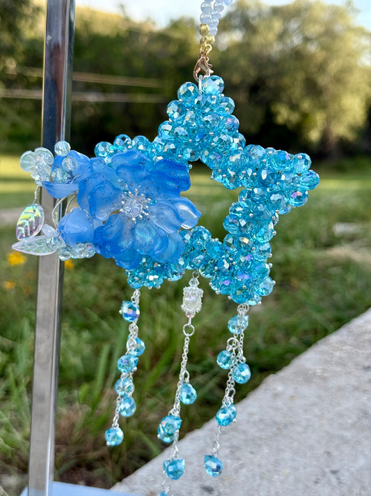 Bluebell Sky Glass Beads Charm – Light Blue Star with Floral Accent