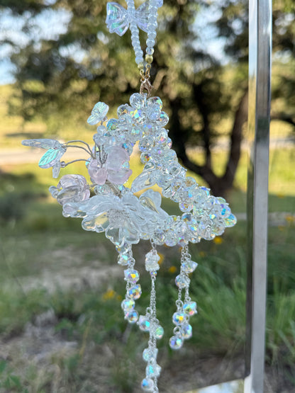 Celestial Frost Glass Moon Charm – Clear AB Beads with Floral Accent