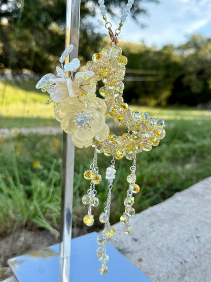 Golden Glow Glass Beads Moon Charm – Handcrafted Crescent with Flower Accent