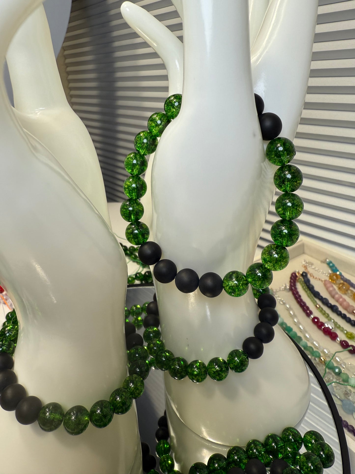 Green Glass & Matte Black Agate Bracelet – Fundraiser for Kerrville Flood Relief