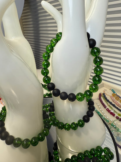 Green Glass & Matte Black Agate Bracelet – Fundraiser for Kerrville Flood Relief
