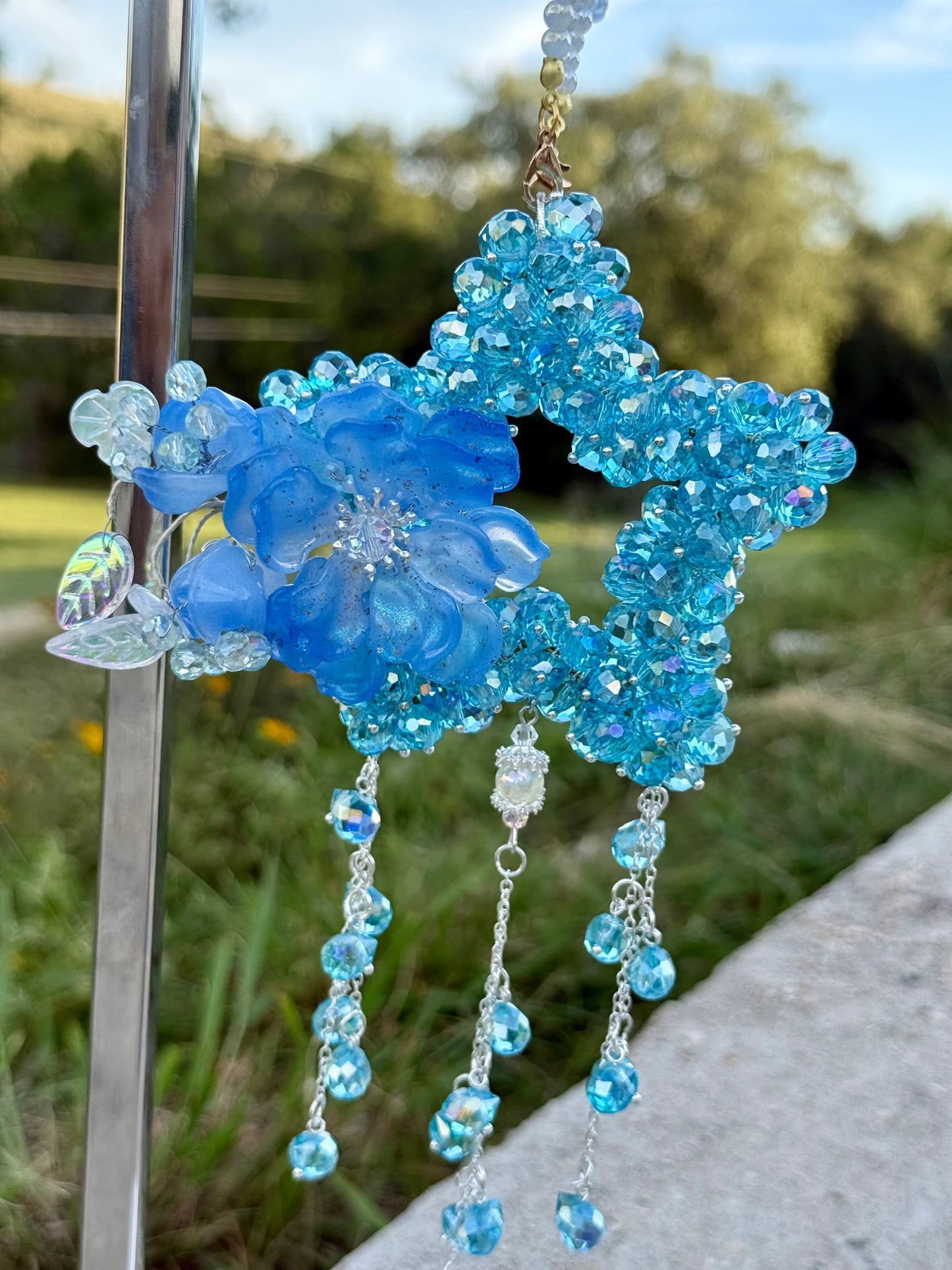 Bluebell Sky Glass Beads Charm – Light Blue Star with Floral Accent