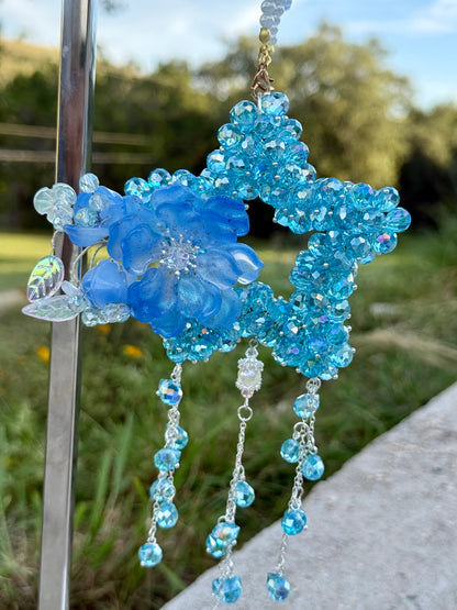 Bluebell Sky Glass Beads Charm – Light Blue Star with Floral Accent