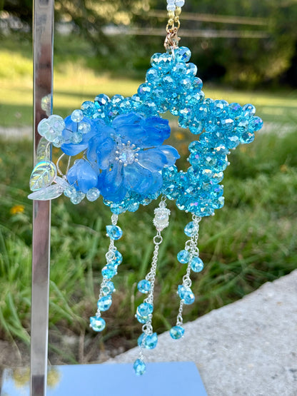 Bluebell Sky Glass Beads Charm – Light Blue Star with Floral Accent