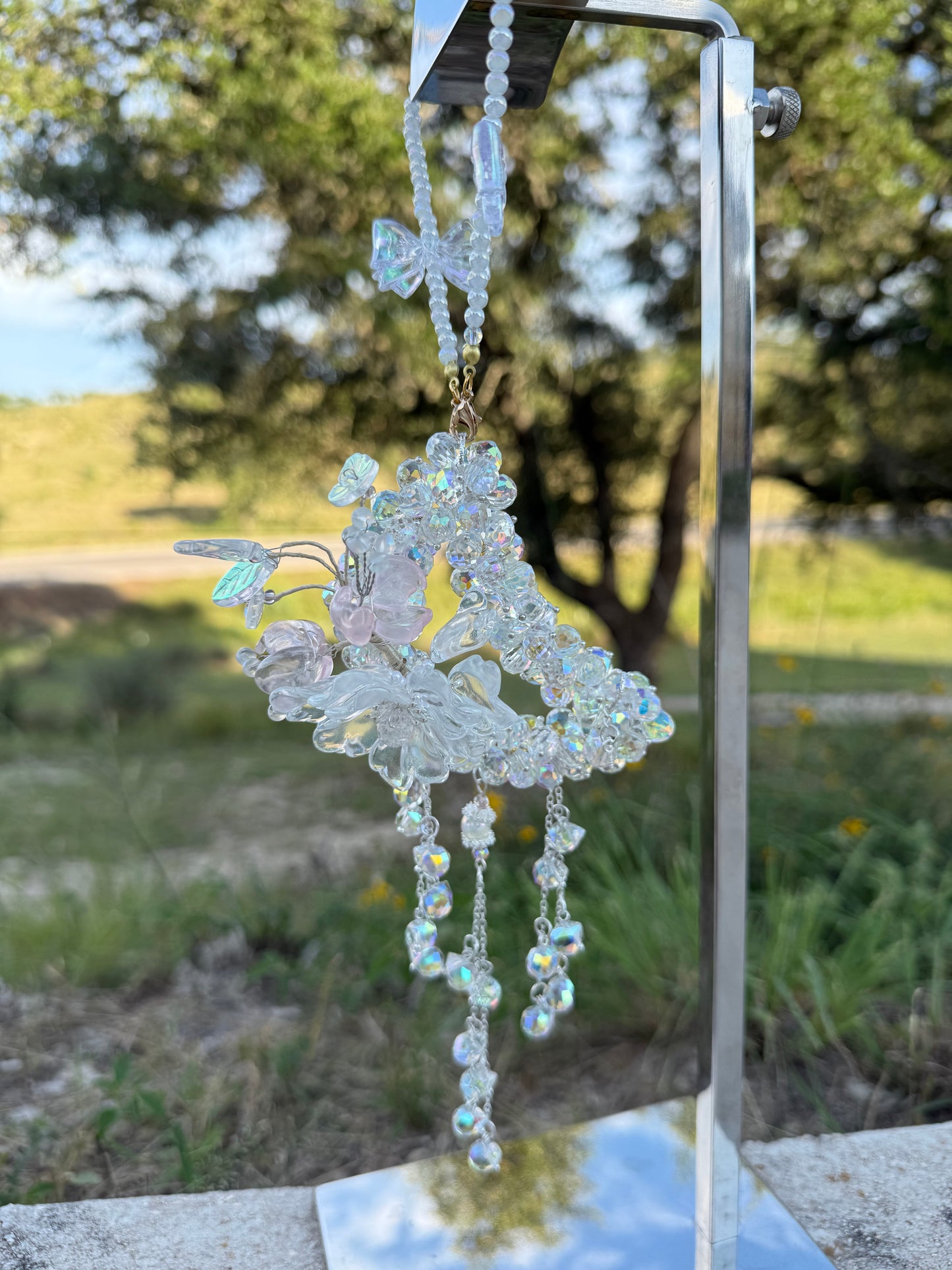 Celestial Frost Glass Moon Charm – Clear AB Beads with Floral Accent