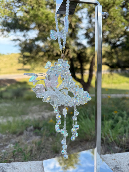 Celestial Frost Glass Moon Charm – Clear AB Beads with Floral Accent