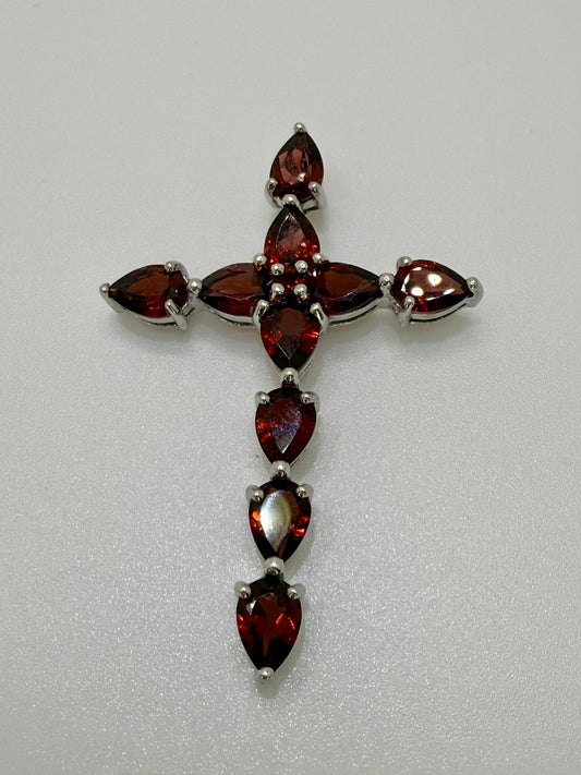 Garnet Teardrop Gemstone Cross Pendant – 925 Silver