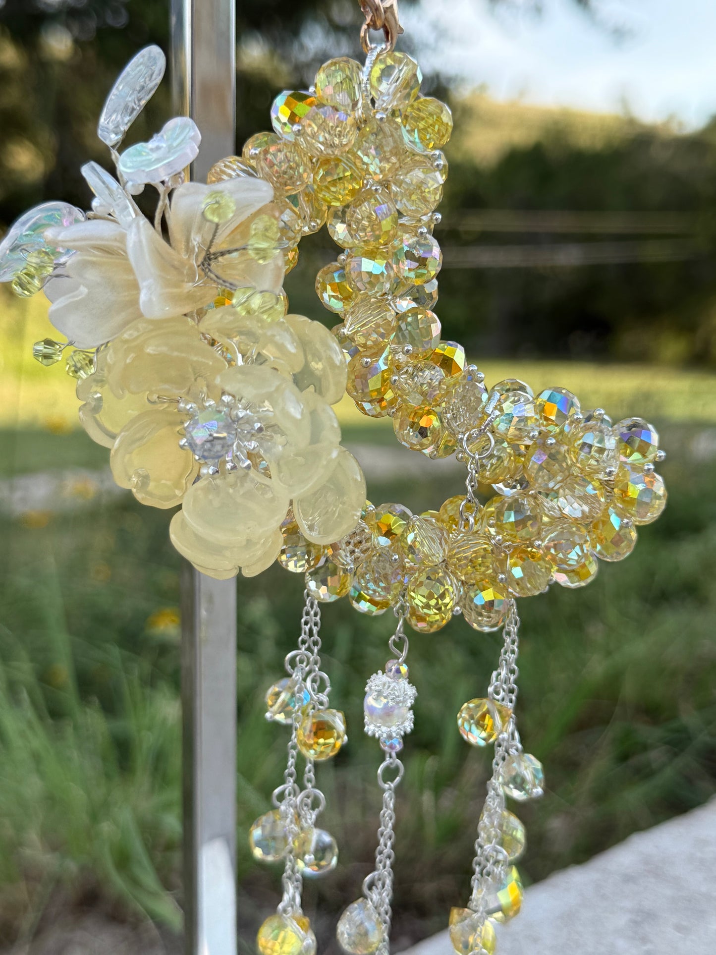 Golden Glow Glass Beads Moon Charm – Handcrafted Crescent with Flower Accent