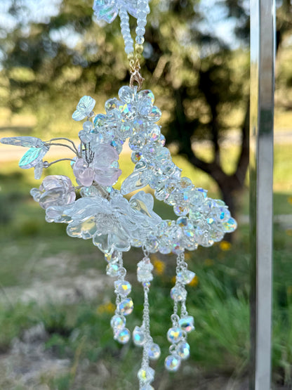 Celestial Frost Glass Moon Charm – Clear AB Beads with Floral Accent