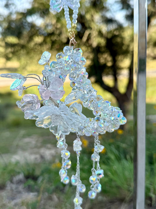 Celestial Frost Glass Moon Charm – Clear AB Beads with Floral Accent