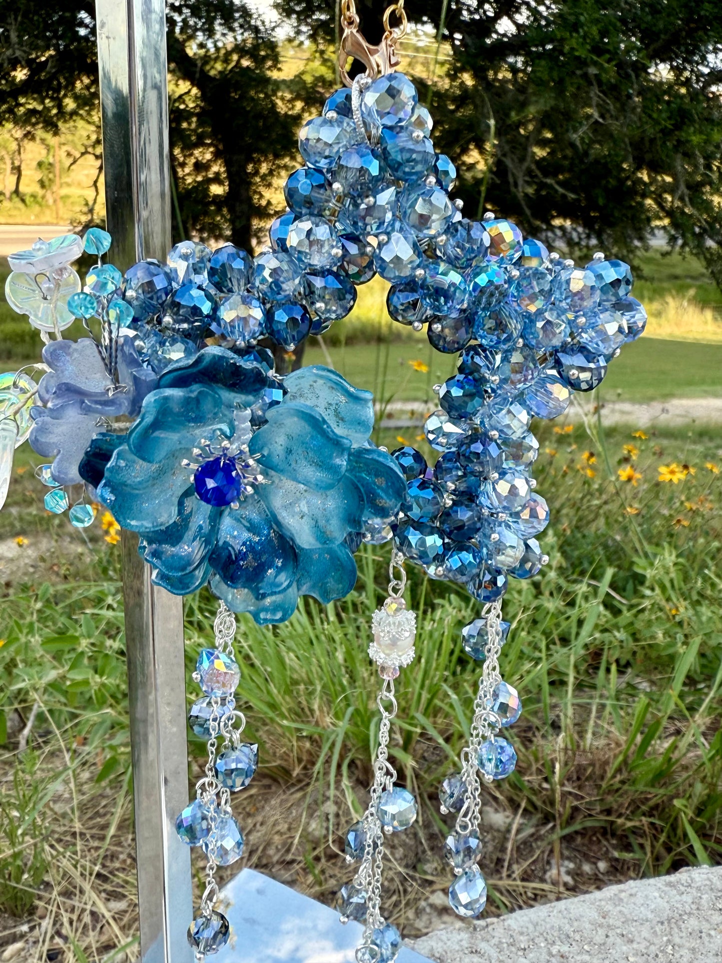 Galaxy Bloom Glass Beads Charm – Handcrafted Blue Crystal Star with Flower Accent