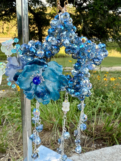 Galaxy Bloom Glass Beads Charm – Handcrafted Blue Crystal Star with Flower Accent