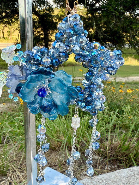 Galaxy Bloom Glass Beads Charm – Handcrafted Blue Crystal Star with Flower Accent