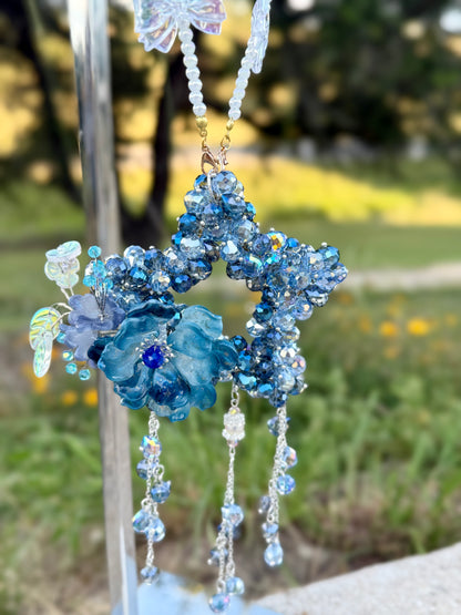Galaxy Bloom Glass Beads Charm – Handcrafted Blue Crystal Star with Flower Accent