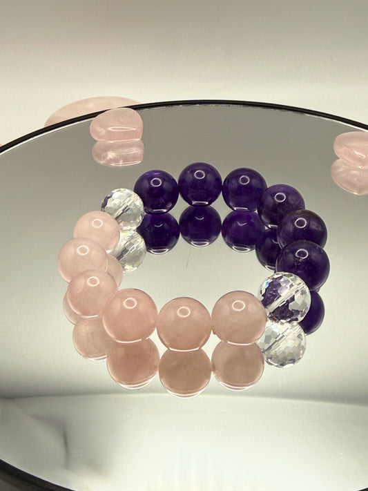 Amethyst, Rose Quartz & Clear Quartz Elastic Bracelet