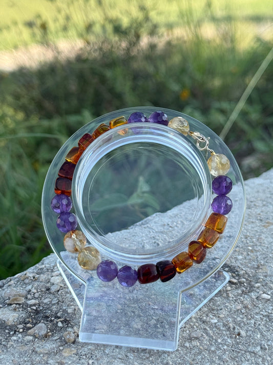 Amethyst, Citrine & Amber Gemstone Bracelet – 14K Gold Locks