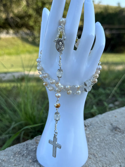 Freshwater Pearl Rosary – 925 Silver Cross with Moissanite Diamond