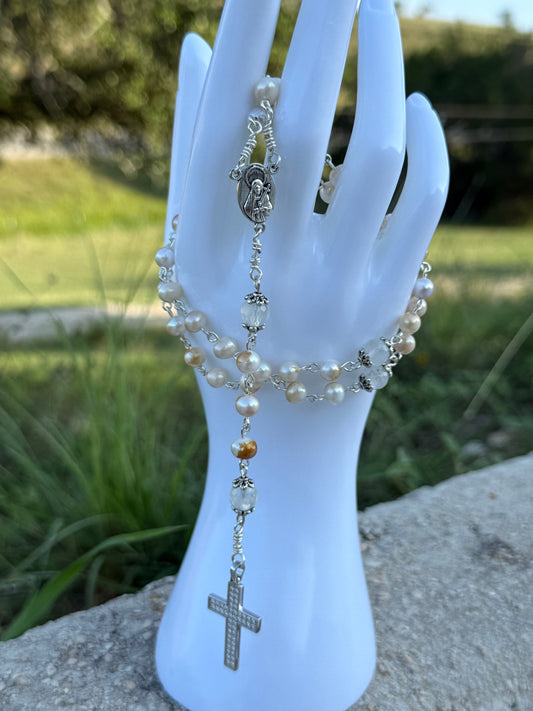 Freshwater Pearl Rosary – 925 Silver Cross with Moissanite Diamond