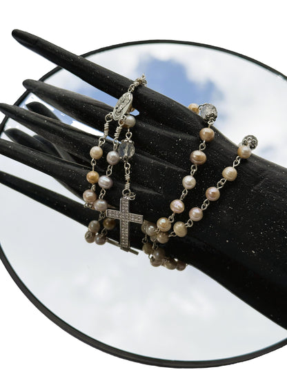 Freshwater Pearl Rosary – 925 Silver Cross with Moissanite Diamond