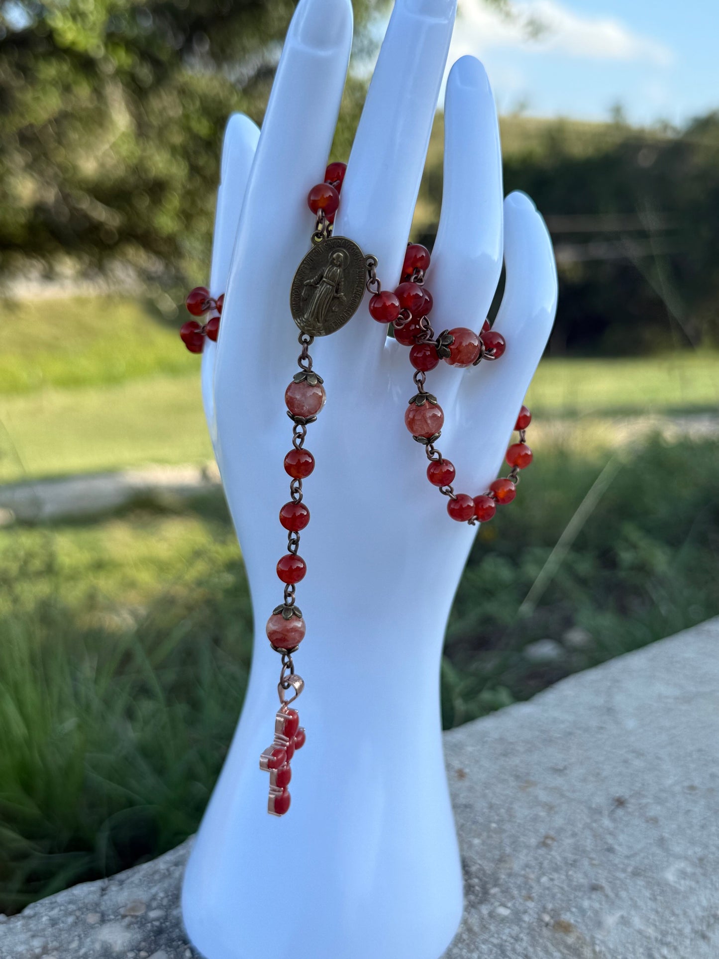 Carnelian & Coral Rosary – 925 Sterling Silver Cross