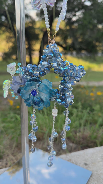 Galaxy Bloom Glass Beads Charm – Handcrafted Blue Crystal Star with Flower Accent