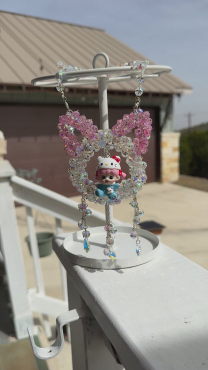 Dimoo Inspired Crystal Heart Suncatcher | Kawaii Car Mirror Charm | Pink Beaded Hanging Decor Gift for Her