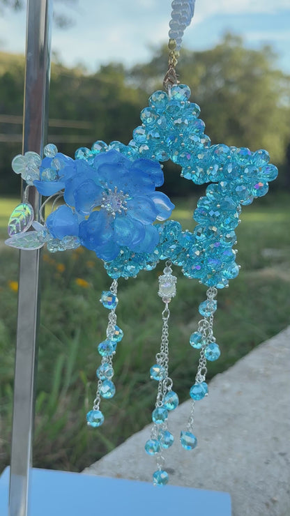 Bluebell Sky Glass Beads Charm – Light Blue Star with Floral Accent