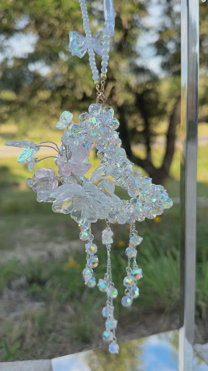 Celestial Frost Glass Moon Charm – Clear AB Beads with Floral Accent