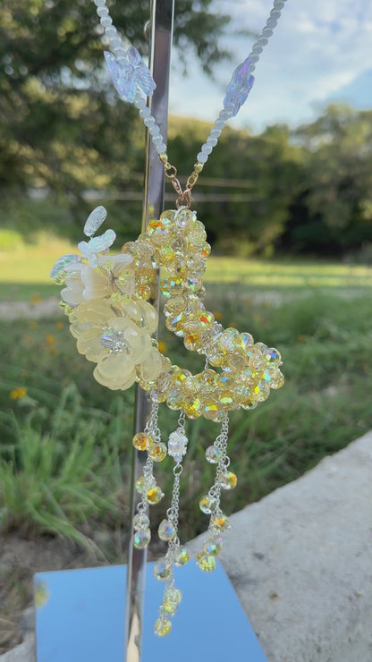 Golden Glow Glass Beads Moon Charm – Handcrafted Crescent with Flower Accent